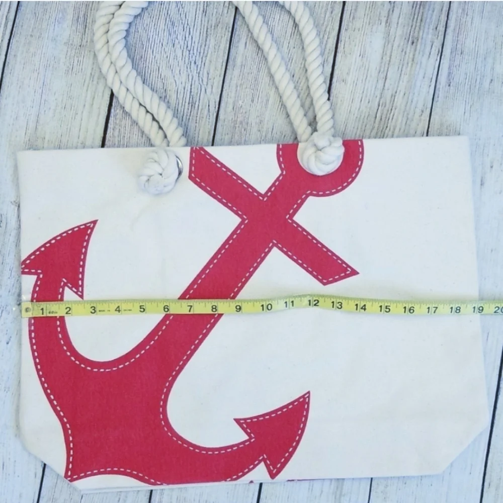 Canvas Tote With Red Anchor And Rope Handles - Picture 3 of 9